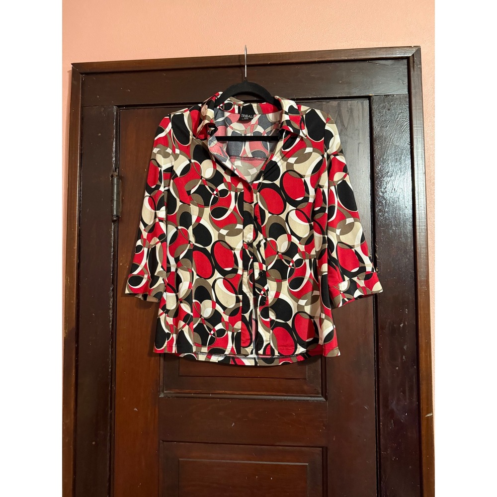 Tribal Womens 3/4 Sleeve Button Front Blouse Red Black Geometric Circle Print M